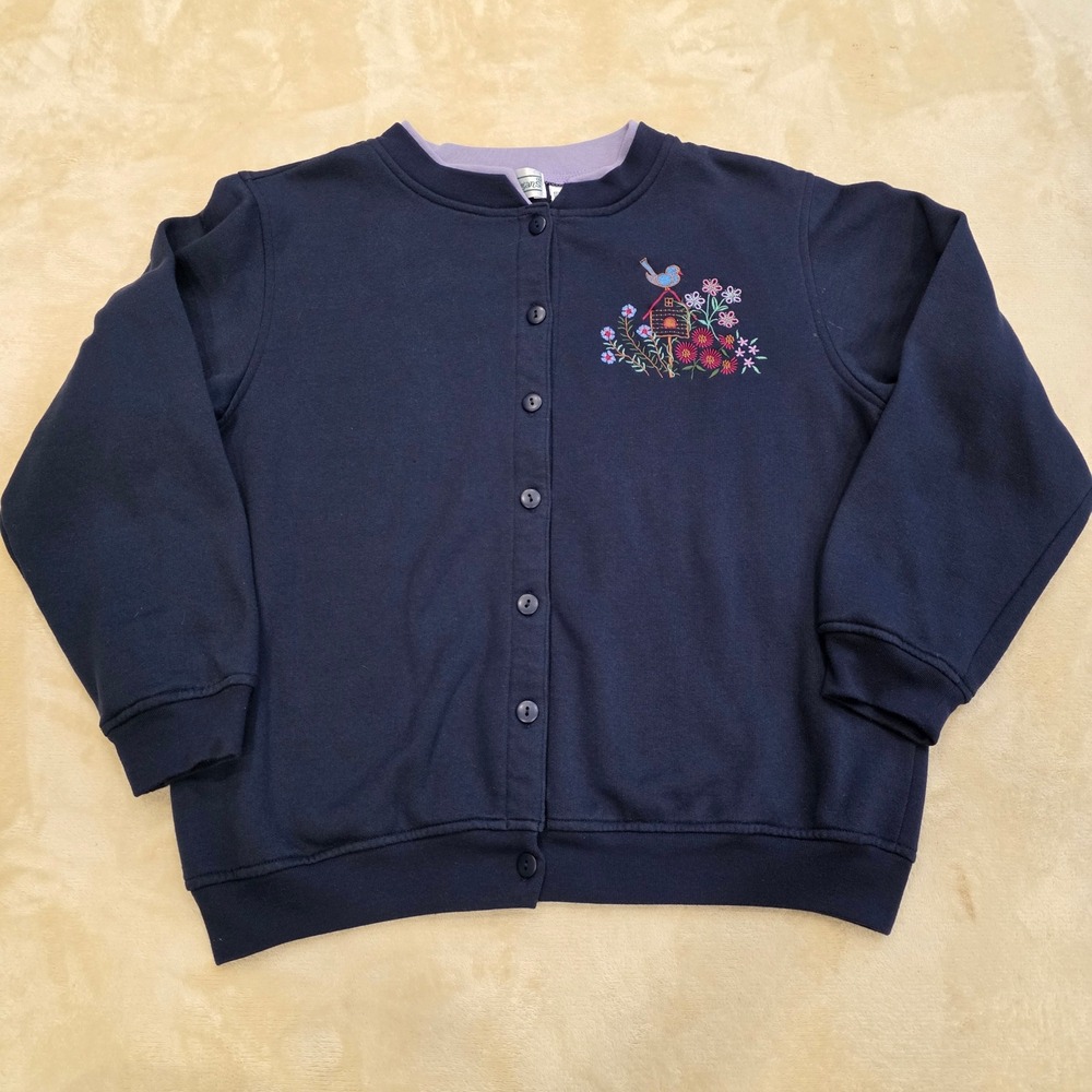 Vintage Shenanigans Navy Blue Embroidered Birdhouse Floral Cardigan Sweatshirt M